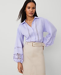 Petite Embroidered Linen Puff Sleeve Blouse carousel Product Image 1