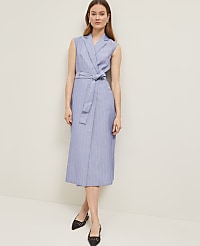 The Petite Belted Blazer Wrap Dress in Pinstripe carousel Product Image 1
