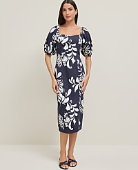 Petite Floral Puff Sleeve Midi Dress carousel Product Image 1