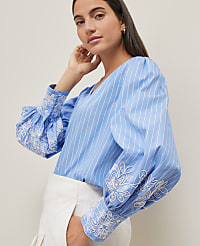 Petite Striped Embroidered V-Neck Popover carousel Product Image 1