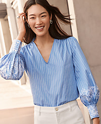 Petite Striped Embroidered V-Neck Popover carousel Product Image 4