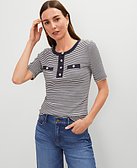 Petite Striped Contrast Trim Henley Top carousel Product Image 1