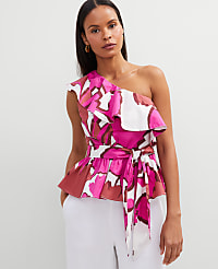 Petite Floral One-Shoulder Tie Waist Blouse carousel Product Image 1
