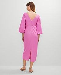 Linen Blend Puff Sleeve Midi Dress carousel Product Image 2