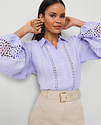 Tall Embroidered Linen Puff Sleeve Blouse carousel Product Image 3