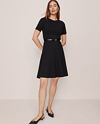 Crew Neck Belted Flare Dress carousel Product Image 1