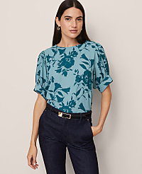 Floral Mixed Media Gathered Sleeve Top carousel Product Image 1