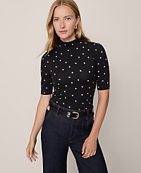 Dotted Mock Neck Elbow Sleeve Top carousel Product Image 1