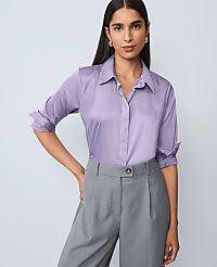 Petite Pinstriped Satin Essential Shirt carousel Product Image 1