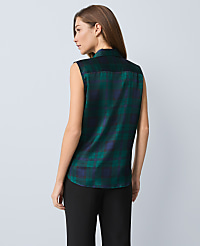 Petite Plaid Satin Sleeveless Shirt carousel Product Image 2