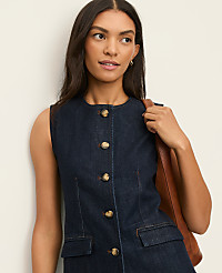The Petite Long Crew Neck Vest in Denim carousel Product Image 1