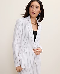The Pinstripe Long One Button Blazer in Linen Blend carousel Product Image 3