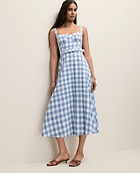Petite Gingham Belted Midi Dress in Linen Blend carousel Product Image 1