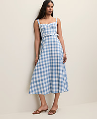 Gingham Belted Midi Dress in Linen Blend carousel Product Image 1