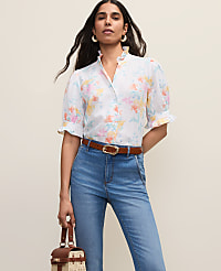 Floral Linen Blend Ruffle Blouse carousel Product Image 1