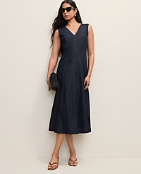 V-Neck Chambray Flare Midi Dress carousel Product Image 1