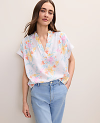 Floral Linen Blend Split Neck Blouse carousel Product Image 4