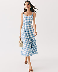 Petite Gingham Belted Midi Dress in Linen Blend carousel Product Image 4