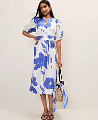 Floral Puff Sleeve Midi Dress in Linen carousel Product Image 1