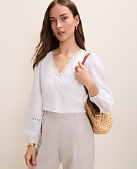Embroidered V-Neck Blouse in Linen Blend carousel Product Image 1