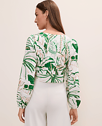 Palm Print Embroidered V-Neck Blouse in Linen Blend carousel Product Image 2