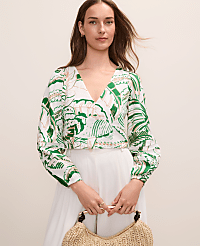 Palm Print Embroidered V-Neck Blouse in Linen Blend carousel Product Image 1