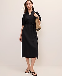 Puff Sleeve Midi Dress in Linen Blend carousel Product Image 1
