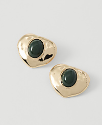 Two gold, heart-shaped earrings with dark green stones are displayed against a plain white background. carousel Product Image 1