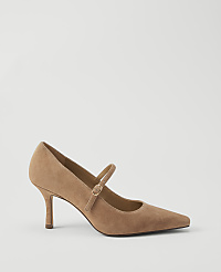 A tan suede Mary Jane pump with a thin heel rests on a plain white background. carousel Product Image 1