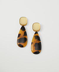 A pair of tortoise-shell teardrop earrings with gold square tops hang against a plain white background. carousel Product Image 1