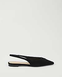 A black suede slingback flat with a pointed toe sits on a plain white background. carousel Product Image 1