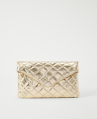A gold quilted clutch rests on a plain white background. carousel Product Image 1