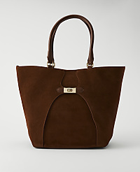 A rich brown suede tote bag with leather handles and a gold clasp sits against a plain white background. carousel Product Image 1