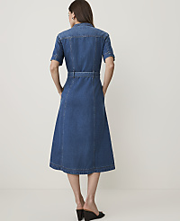 A woman in a denim dress stands against a plain, light-colored background. carousel Product Image 2