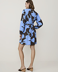 A woman in a blue and brown floral dress stands against a plain, light-colored background. carousel Product Image 2