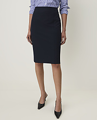 A woman in a navy pencil skirt and a striped blouse stands against a plain, light background. carousel Product Image 1