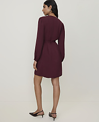 A woman in a burgundy wrap dress stands against a plain, light-colored background. carousel Product Image 2