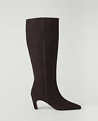 A dark brown suede knee-high boot with a pointed toe and a curved heel stands against a plain, light gray background. carousel Product Image 1