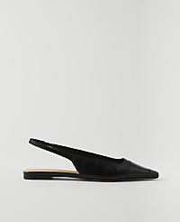 A black, pointed-toe slingback flat with a crocodile-embossed texture rests on a plain white background. carousel Product Image 1