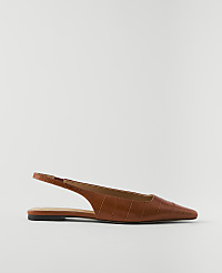 A brown pointed-toe slingback flat shoe with a crocodile-embossed texture rests on a plain white background. carousel Product Image 1
