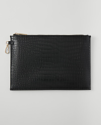A black embossed clutch with a gold zipper and clasp rests on a plain white background. carousel Product Image 1