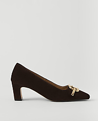 A dark brown suede pump with a gold buckle detail rests on a plain white background. carousel Product Image 1