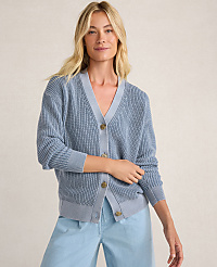 A woman in a light blue cardigan and matching pants stands against a plain, light-colored background. carousel Product Image 1