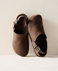 A pair of brown suede clogs with buckles rests on a light-colored surface against a soft, neutral background. carousel Product Image 1