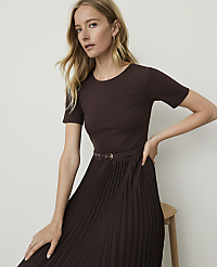 A woman in a brown t-shirt and pleated skirt poses against a plain, light-colored background. carousel Product Image 3