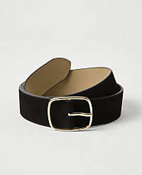 A black suede belt with a gold buckle lies on a plain white background. carousel Product Image 1