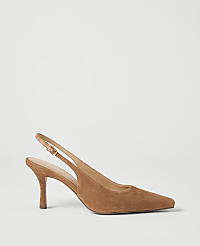 A tan suede slingback heel with a pointed toe rests on a plain white background. carousel Product Image 1