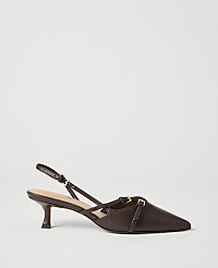 A dark brown slingback heel with gold buckles rests on a plain white background. carousel Product Image 1