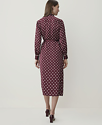 A woman in a burgundy polka dot dress stands against a plain white background. carousel Product Image 2