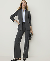A woman in a grey pantsuit and light blue shirt stands with a clutch in her hand against a plain white background. carousel Product Image 1